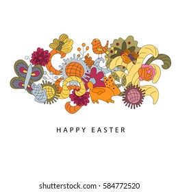 Vector cartoon vector hand drawn Doodle illustration. Multicolored bright detailed design with flowers, rabbit, bird. All objects are separated. Happy easter