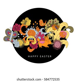 Vector cartoon vector hand drawn Doodle illustration. Multicolored bright detailed design with flowers, rabbit, bird. All objects are separated. Happy easter