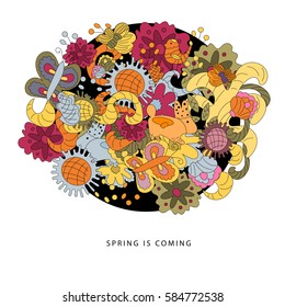 Vector cartoon vector hand drawn Doodle illustration. Multicolored bright detailed design with flowers, rabbit, bird. All objects are separated. Spring is coming