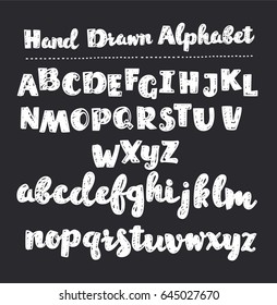 Vector Cartoon Hand Drawn Fonts. Chalkboard Alphabet Lettering. Hand drawn alphabet writing by white marker on black. Vintage style