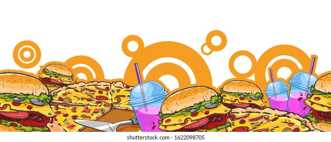 Vector cartoon hand drawn food repeat pattern with many burgers, pizza and cocktails
