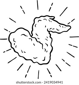 Vector Cartoon Hand Drawn Fried Chicken Wing With Light Streaks Line Art
