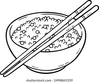 Vector Cartoon Hand Drawn Fried Rice With Mixed Veggies And Chopsticks Line Art