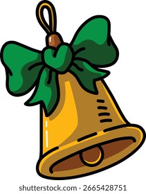 Campana de Navidades doradas dibujadas a mano de dibujos animados de Vector con cinta verde