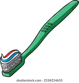 Vektor Cartoon handgezeichnete grüne Zahnbürste mit Zahnpasta