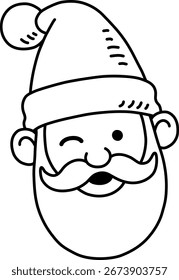 Desenho Animado De Vetor Mão Desenhado Feliz Piscando Santa Claus Cabeça Com Chapéu Linha Arte