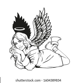 Vector cartoon hand drawn illustration of beautiful cute and happy angel, girl, woman with wings and halo