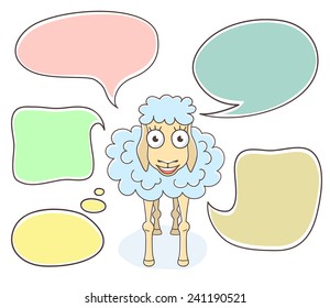 Vector cartoon hand drawn illustration of a happy sheep with colorful speech bubbles. New Year character. Isolated on white. Chinese horoscope symbol of 2015 