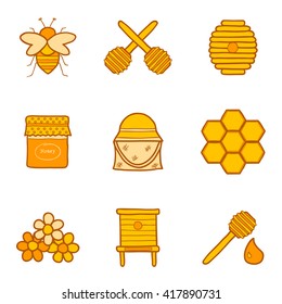 Vector cartoon hand drawn illustration with beekeeping objects: bee, hive, comb, honey spoon. Bee icon for hand drawn design. Natural eco organic honey icons. Vector beekeeping technology