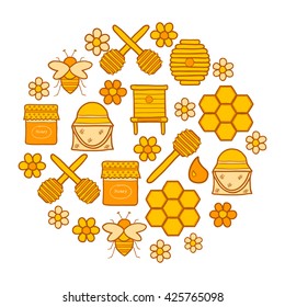 Vector cartoon hand drawn illustration with beekeeping background. Honey farm objects. Eco sweet organic fresh healthy products. Beekeeping background for honey design. Vector hand drawn objects