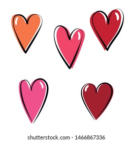 Vector cartoon hand drawn kids colorful bright set of Hearts for decoration on white background