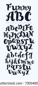 Vector cartoon hand drawn latin calligraphy brush script of lowercase letters. Calligraphic decorative curly alphabet.