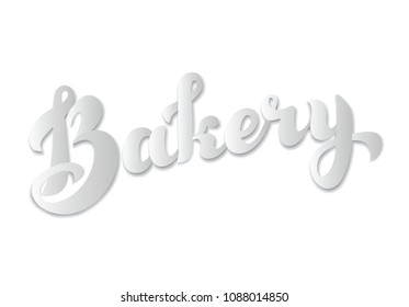 Vector cartoon Hand drawn lettering. Bakery words cut out paper with shadow on white background.
