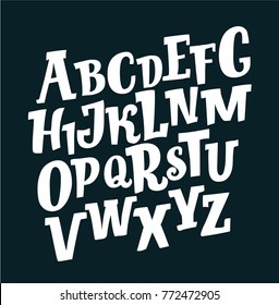 Vector cartoon hand drawn letters of retro slanted Alphabet on black background. Slab funny ABC. For prints, cads, lettering, banners posters.