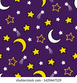 Vector Cartoon Hand Drawn Moon and Stars Pattern in Purple Background