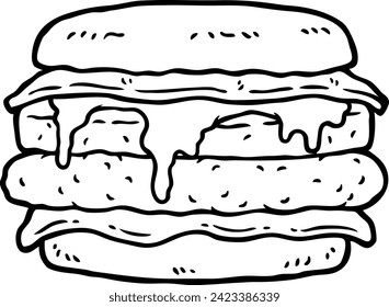 Vector Cartoon Hand Drawn Muffin With Ham Egg Patty And Cheese Line Art