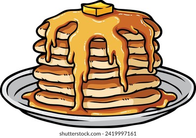 Vector Cartoon Hand Drawn Pancake With Butter And Syrup In Plate