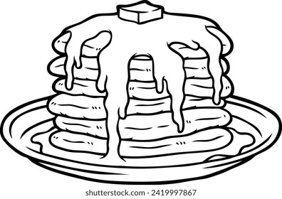 Vector Cartoon Hand Drawn Pancake With Butter And Syrup In Plate Line Art