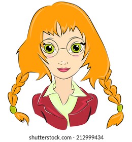 Vector cartoon hand drawn portrait of a pretty schoolgirl with funny braids in glasses isolated on white