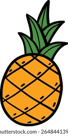 Piña madura dibujada a mano de la historieta del Vector con la corona verde