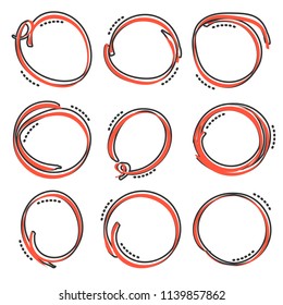 Vector cartoon hand drawn scribble circles icon in comic style. Sketch round label sign illustration pictogram. Circle business splash effect concept.