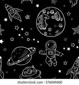Vector cartoon hand drawn seamless pattern with space doodles, space objects
