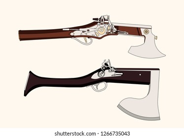 Vector cartoon hand drawn set of vintage flintlock pistol and battle axe combination weapon