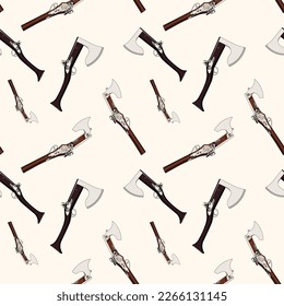 Vector cartoon hand drawn set of vintage flintlock pistol and battle axe combination weapon, seamless pattern