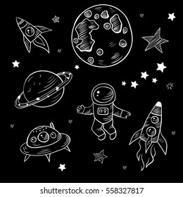 Vector cartoon hand drawn set of space doodles, space objects