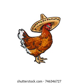 vector cartoon hand drawn sketch brown colored chicken in sombrero. Isolated illustration on a white background. Farm poultry bird
