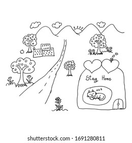 Vector cartoon hand drawn, sleeping cat stay at home,happy cat on holiday
