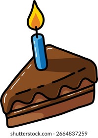 Vector Cartoon Hand Drawn Sliced Chocolate Cake With Candle