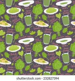 vector cartoon hand drawn spinach seamless pattern with smoothie, pasta, ravioli, cream soup and fresh leafs