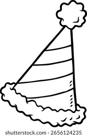 Sombrero de fiesta a rayas dibujado a mano de dibujos animados de Vector con volantes Line Art