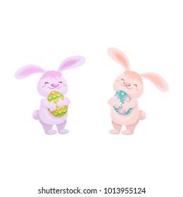 vector cartoon hand drawn stylized hare, rabbits character holding easter decorated eggs smiling set. Isolated illustration on a white background. Easter and spring symbols.