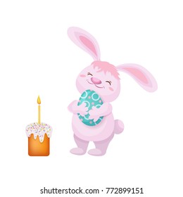 vector cartoon hand drawn stylized hare, rabbit character holding easter decorated egg smiling near easter cake with candle. Isolated illustration on a white background. Easter and spring symbols.