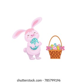 vector cartoon hand drawn stylized hare, rabbit character holding easter decorated egg smiling near wicker basket with flowers. Isolated illustration on a white background. Easter and spring symbols.