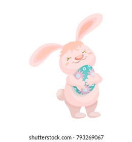 vector cartoon hand drawn stylized hare, rabbit character holding easter decorated egg smiling. Isolated illustration on a white background. Easter and spring symbols.