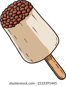 Vector Cartoon Hand Drawn Vanilla Ice Cream With Red Beans On Stick