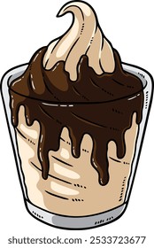 Vector Cartoon Hand Drawn Vanilla Sundae With Chocolate Syrup In A Cup