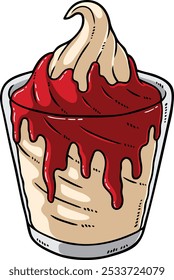 Vector Cartoon Hand Drawn Vanilla Sundae With Strawberry Syrup In A Cup