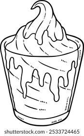 Vector Cartoon Hand Drawn Vanilla Sundae With  Syrup In A Cup Line Art