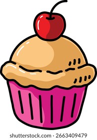 Vektor Cartoon handgezeichnete Vanille Cupcake mit Kirsche auf der Oberseite