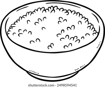 Vector Cartoon Hand Drawn White Rice In A Bowl Line Art