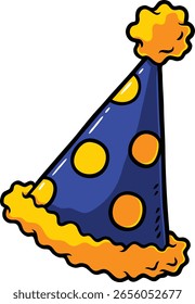 Sombrero de fiesta punteado amarillo y azul dibujado a mano de la historieta del Vector con volantes