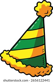 Vector Cartoon Hand Drawn Yellow And Green Striped Party Hat