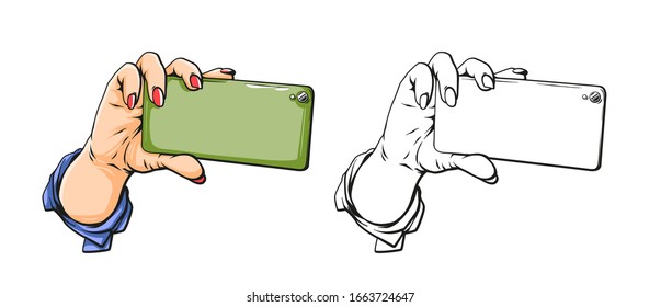 Vector cartoon hand drawnillustration of woman hand with mobile phone, vector illustration isolated on white background