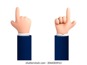 Vector cartoon hand with finger pointing up isolated on white background. Human hand touching or pointing something. Cartoon character hand pointing up gesture.