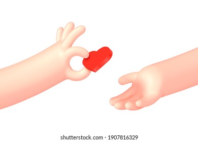 Vector cartoon hand give red heart to another, isolated on white background. Love or appreciation in social media concept illustration.