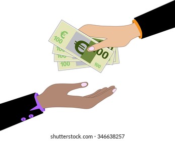Vector cartoon of Hand, giving money euro to other hand